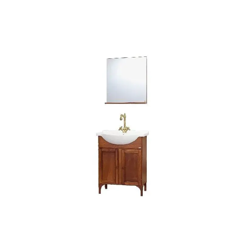 Baza cu picioare, 2 usi, lavoar ceramic 55 cm si oglinda cu polita noce Mai ieftin