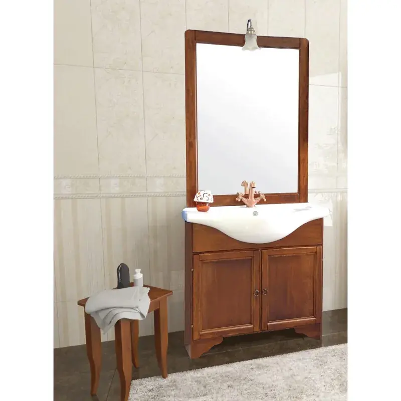 Baza cu 2 usi, lavoar ceramic cm. 86 si oglinda cu iluminare noce Ofertă limitată