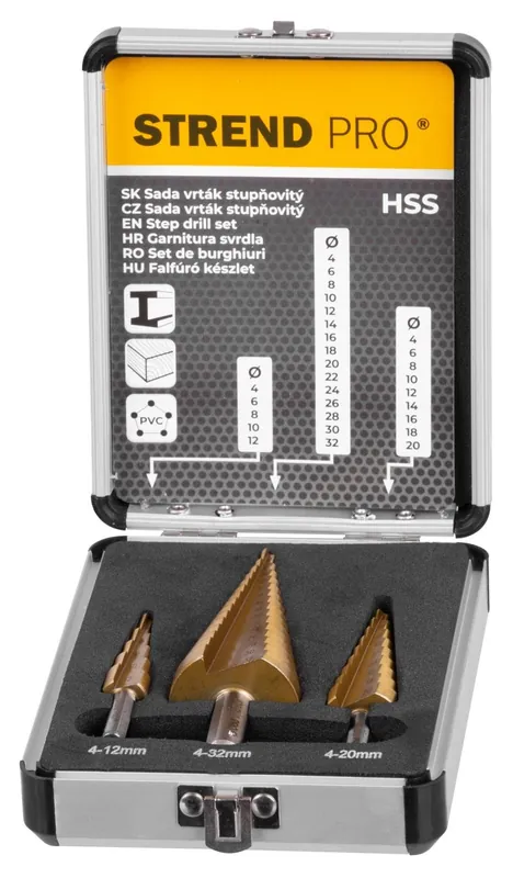 Cel mai bun preț Burghiu conic, pentru metal, in trepte, Strend Pro HSS TiN, 3 piese (4–12 mm, 4–20 mm, 4–32 mm) SET
