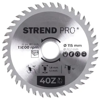 Plată sigură Disc pentru taiat lemn, 115 x 1.8 x 22.2 mm, 40Z, TCT, Strend Pro