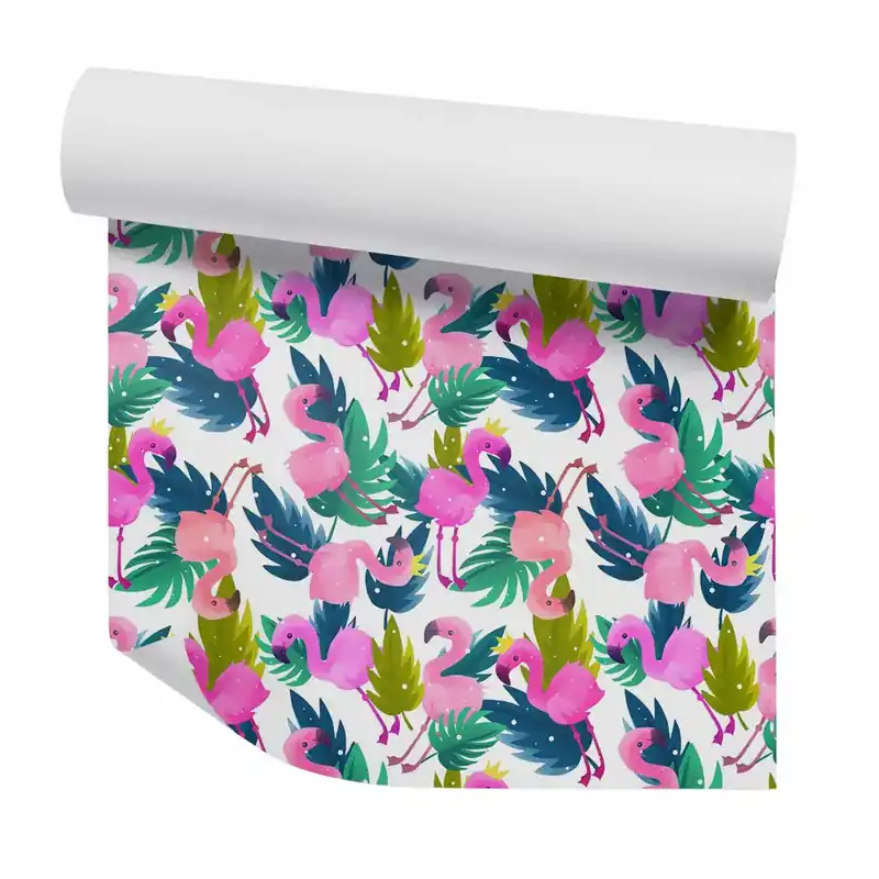 Vezi acum Tapet perete Flamingo pe frunze colorate
