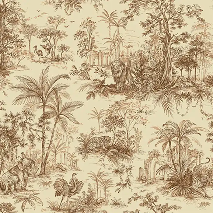 Vezi acum Tapet living exotic cu vegetatie si animale jungla maro pe fond alb Tropicano 9909-5